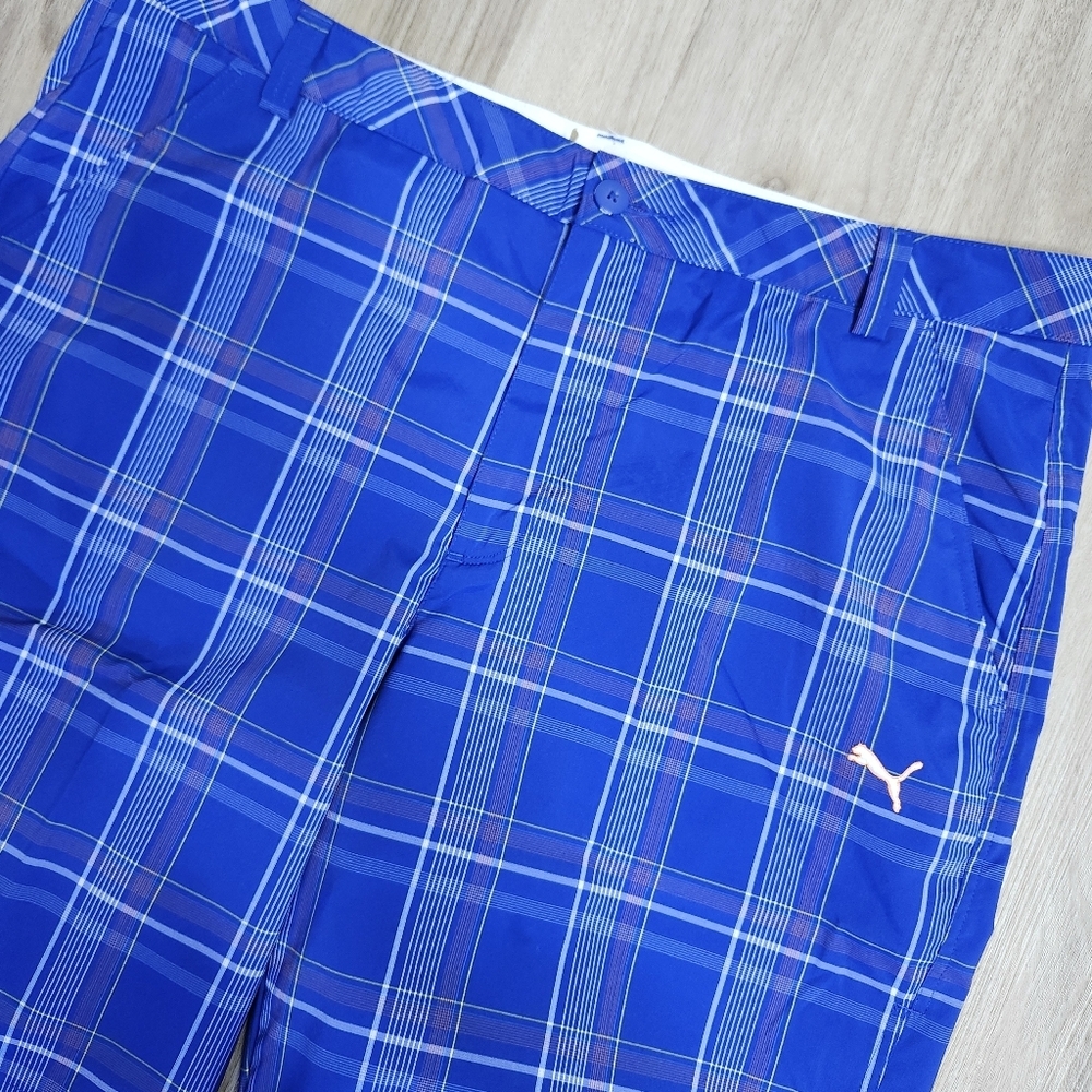 Puma Chino Shorts Mens 38 Blue Orange Plaid Performance Golf Breathable Casual